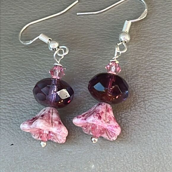 Handmade Pink Flower Earrings Czech Glass with mixed medium w Sterling - Picture 1 of 4